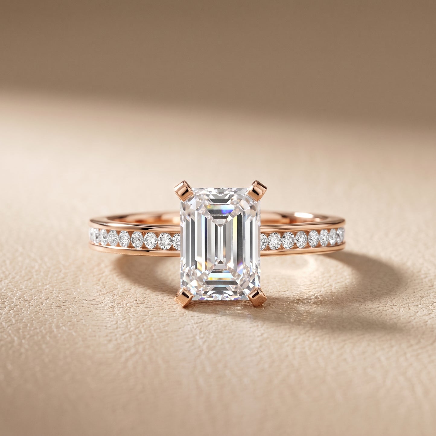 Tessa Solitaire Channel Set Emerald Diamond Engagement Ring in Rose Gold - front.jpg