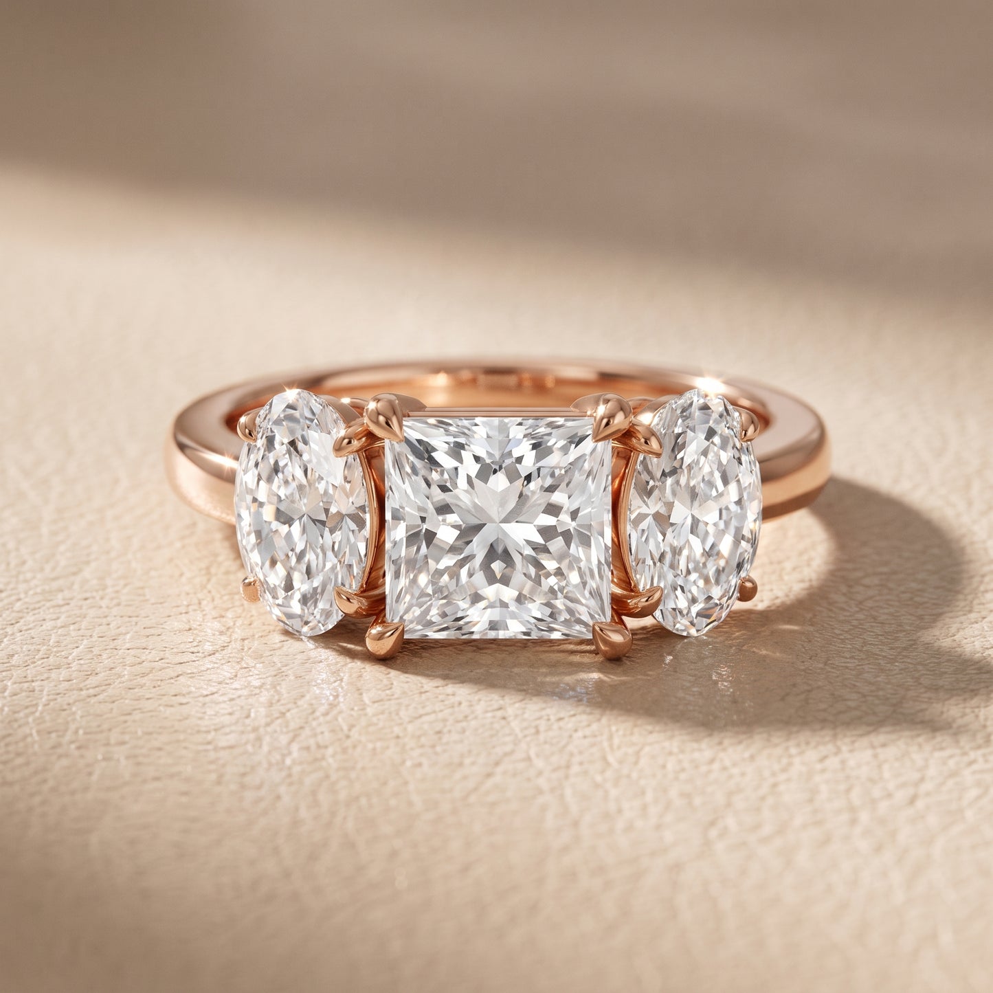Lila Three-Stone Princess Diamond Ring in Rose Gold - front.jpg