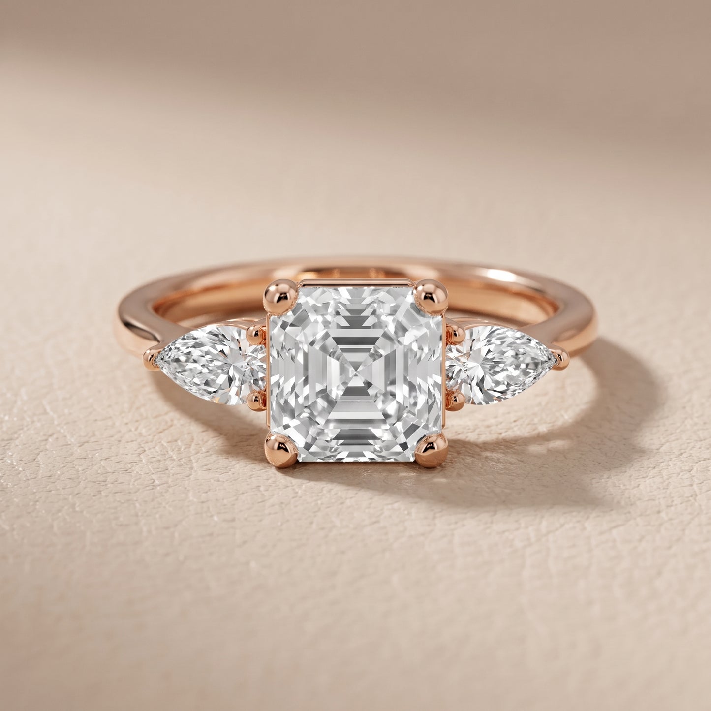 Faye Three-Stone Trellis Asscher Diamond Ring in Rose Gold - front.jpg