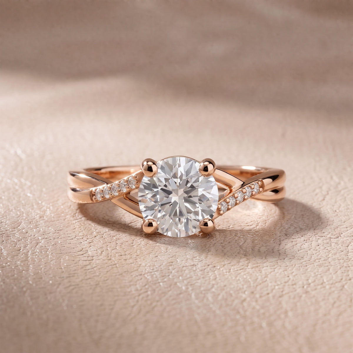 Veronica Twist Side Stone Round Diamond Engagement Ring in Rose Gold - front.jpg