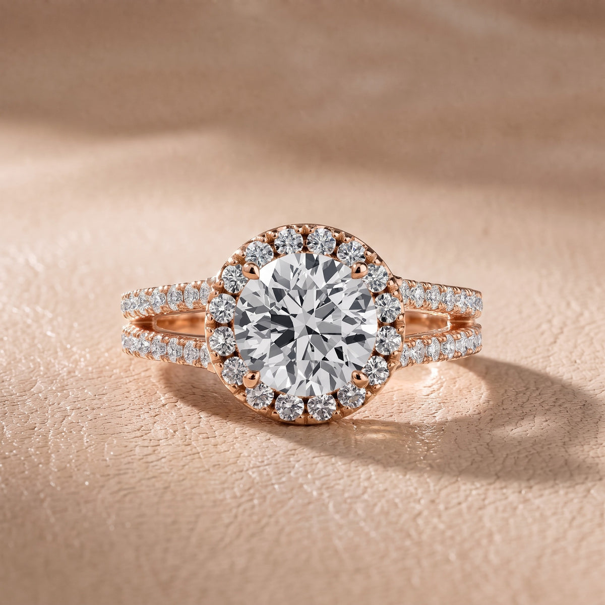 Kira Halo Split Shank Round Diamond Engagement Ring in Rose Gold - front.jpg
