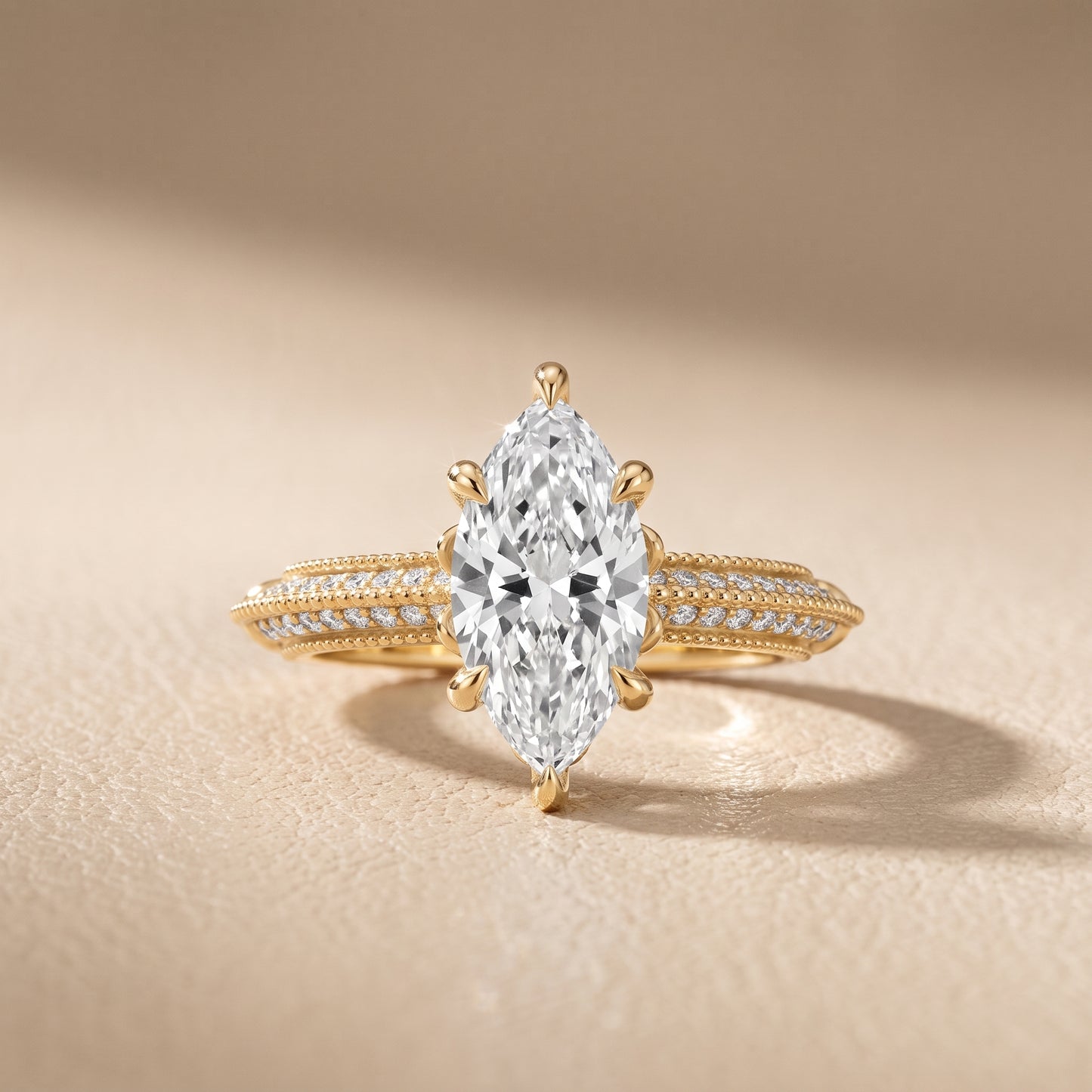 Indie Vintage Milgrain Marquise Diamond Engagement Ring in Yellow Gold - front.jpg