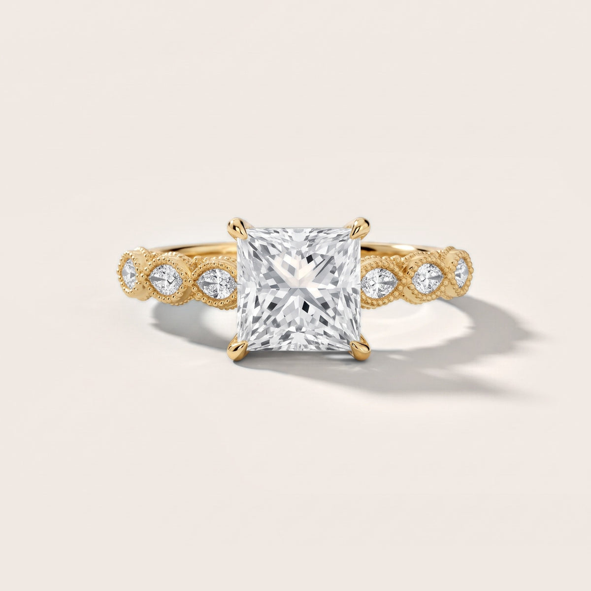 Freya Milgrain Leaf Princess Diamond Engagement Ring in Yellow Gold - front.jpg