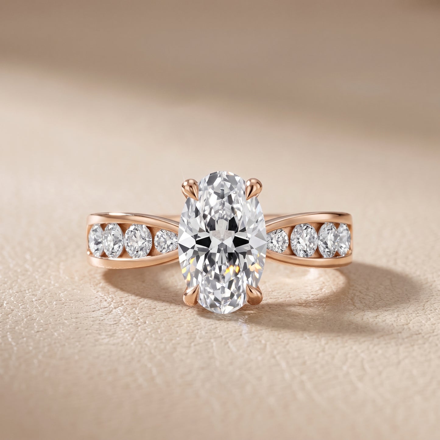 Noor Channel Set Sidestone Oval Diamond Engagement Ring in Rose Gold - front.jpg