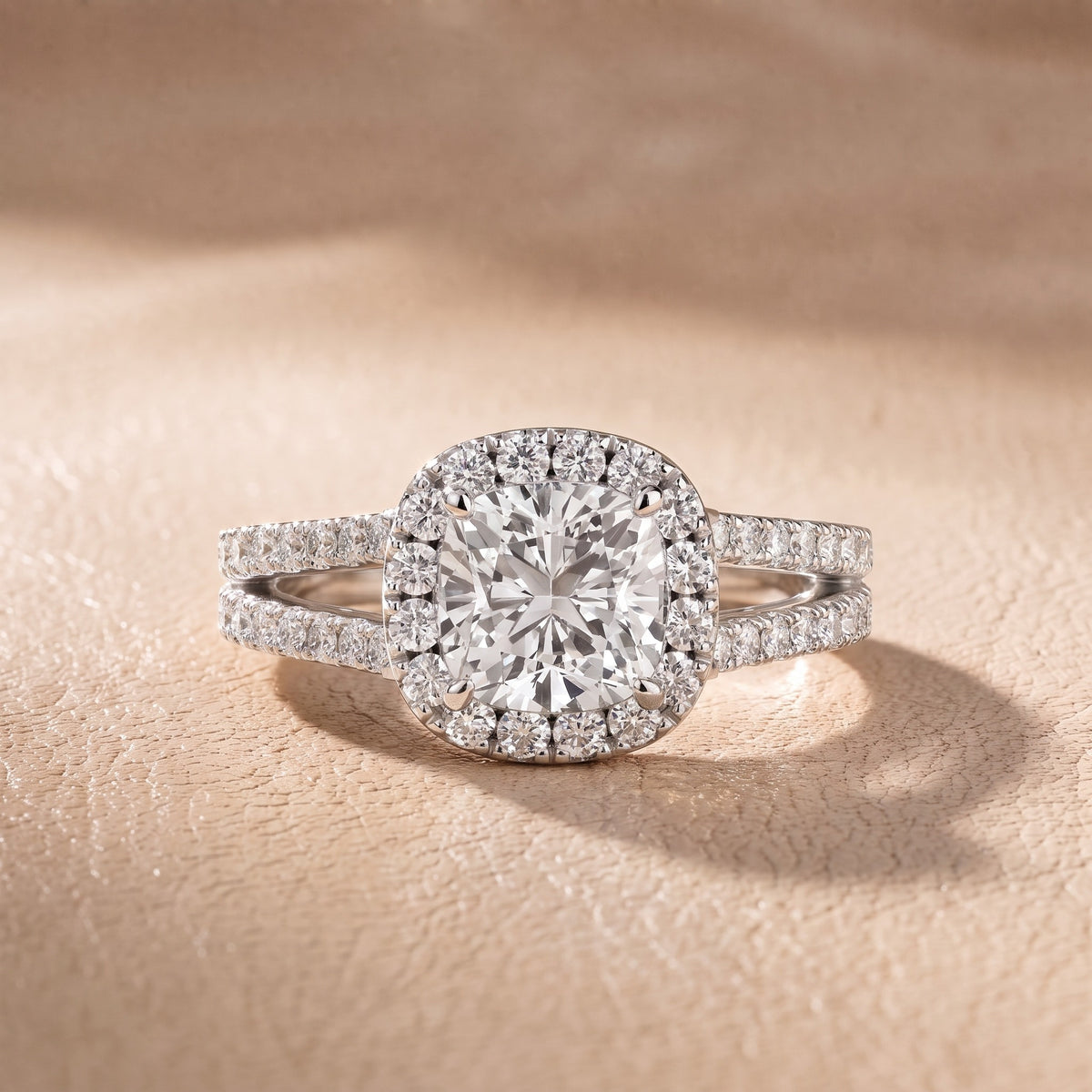Kira Halo Split Shank Cushion Diamond Engagement Ring in Platinum - front.jpg