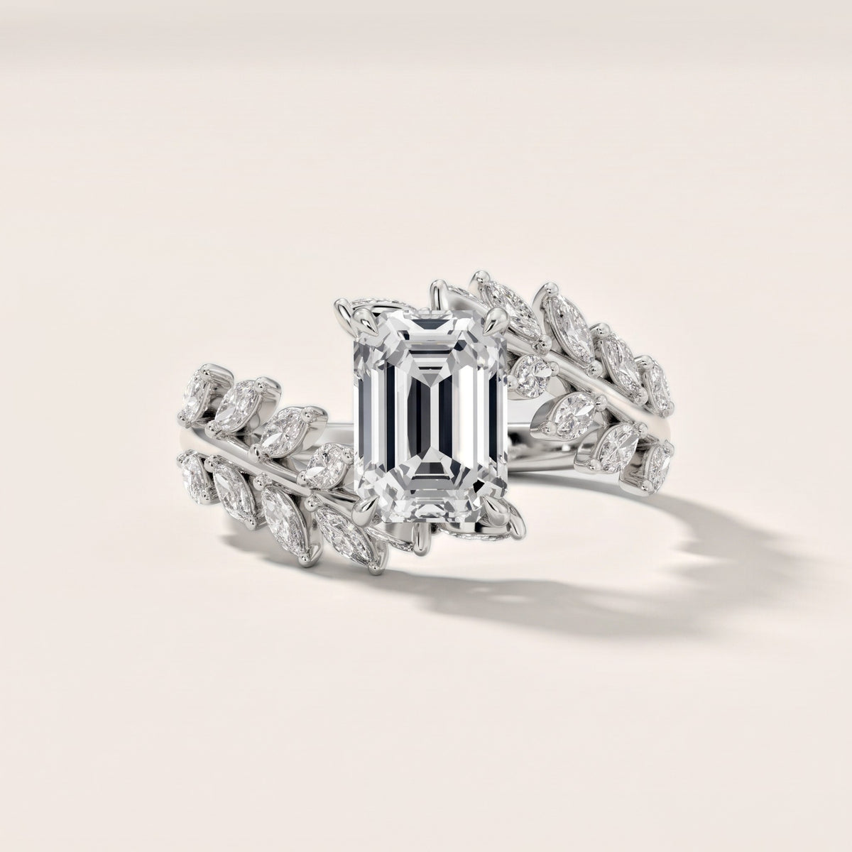 Clarion Leaf Bypass Emerald Diamond Engagement Ring in Silver - front.jpg