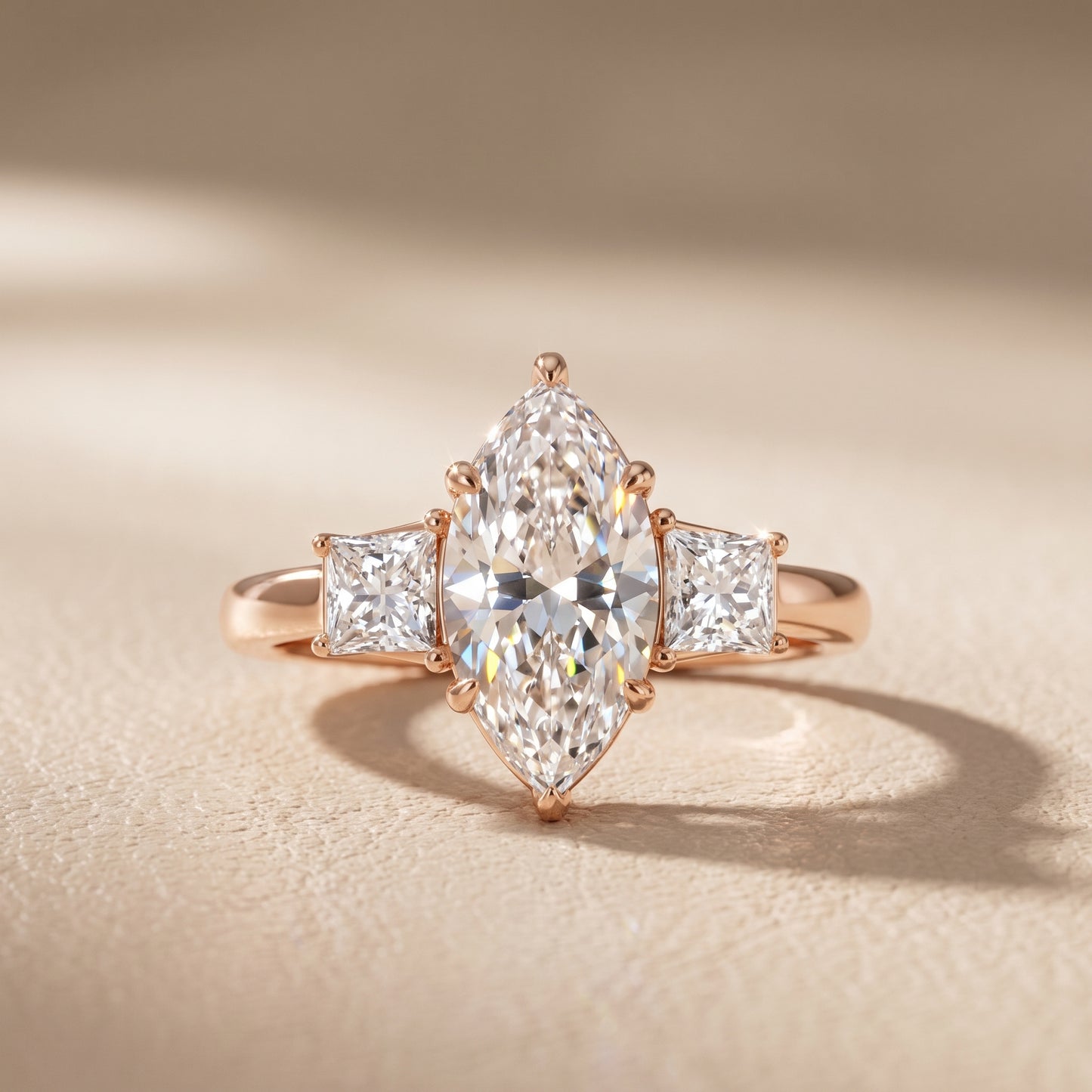 Selena Three-Stone Basket Marquise Diamond Ring in Rose Gold - front.jpg