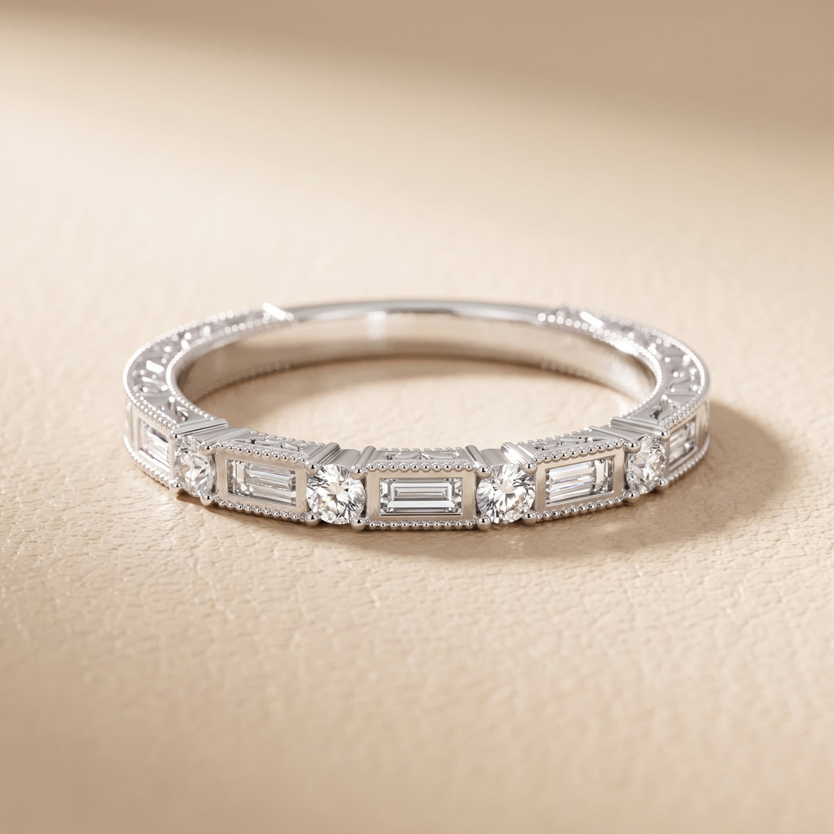 Kyla Milgrain Bezel Baguette & Round Diamond Half Eternity Band in Silver - front.jpg
