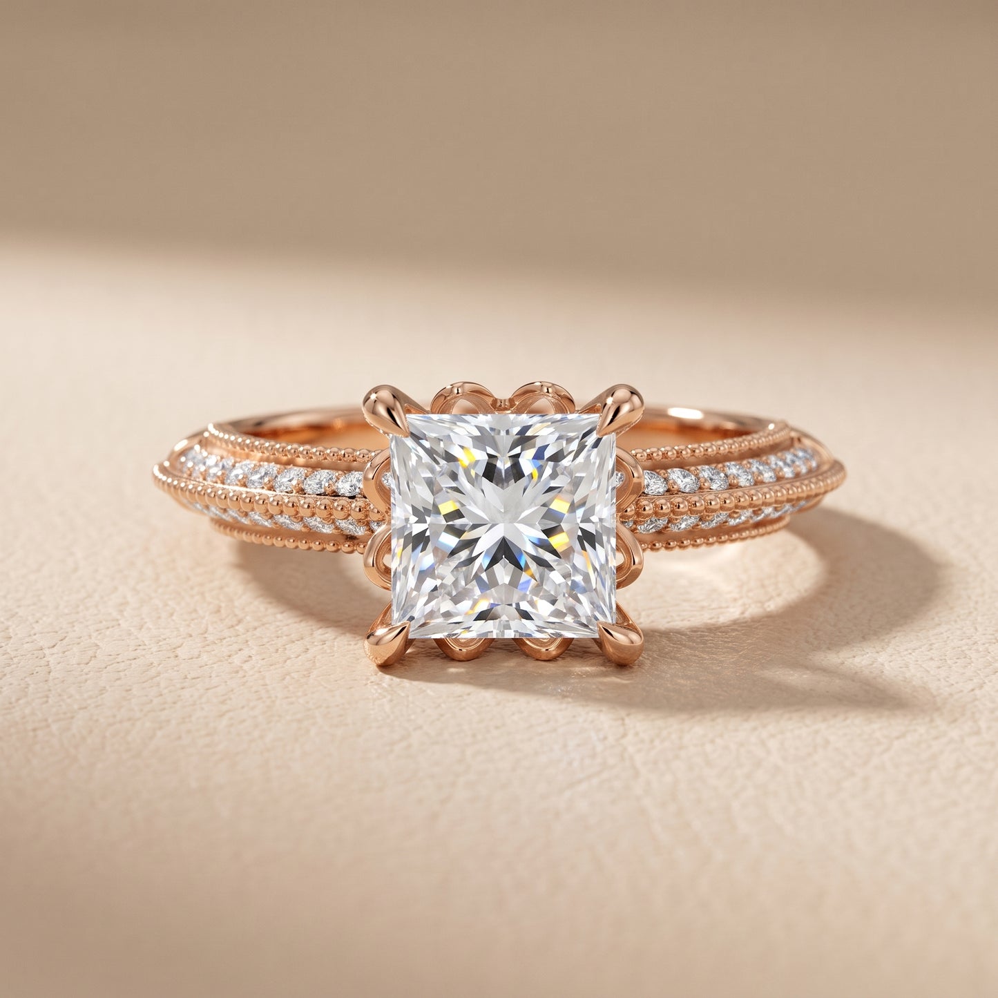 Indie Vintage Milgrain Princess Diamond Engagement Ring in Rose Gold - front.jpg