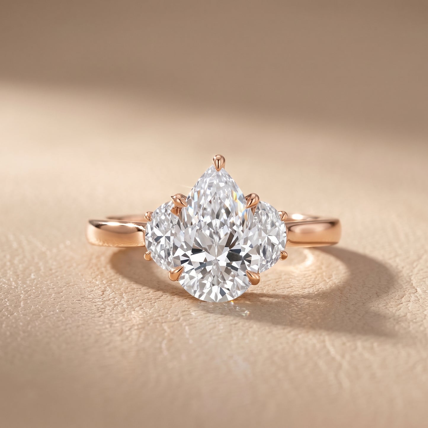 Romy Three-Stone Pear Diamond Engagement Ring in Rose Gold - front.jpg