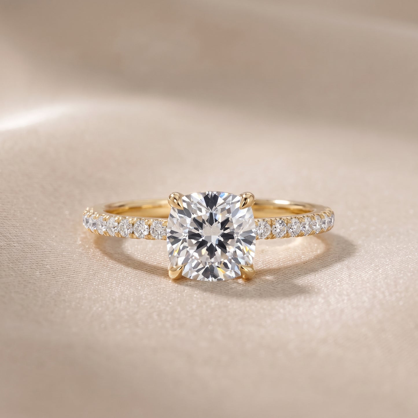 Ione Solitaire Pavé Cushion Diamond Engagement Ring in Yellow Gold - front.jpg