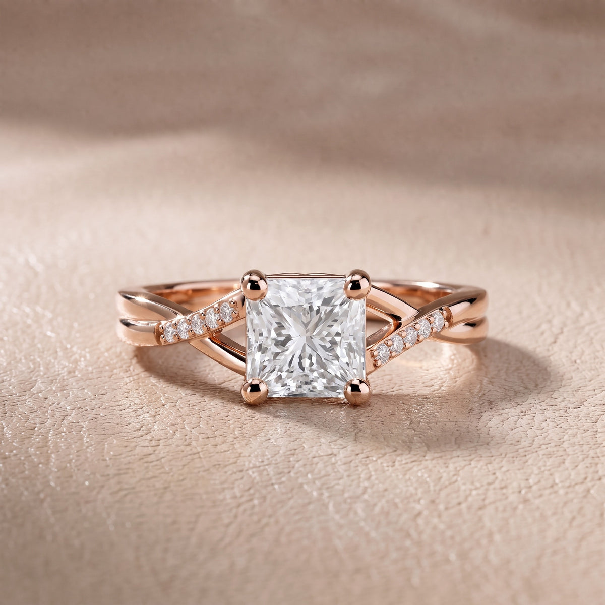 Veronica Twist Side Stone Princess Diamond Engagement Ring in Rose Gold - front.jpg