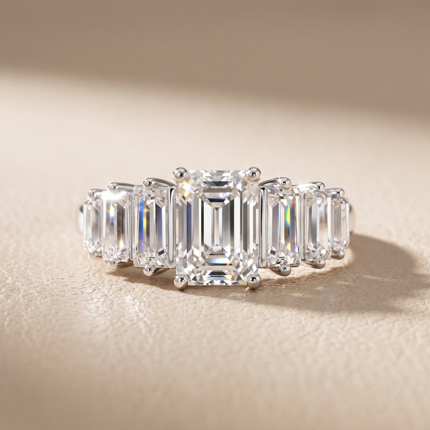 Mara Sidestone Baguette Accent Emerald Diamond Engagement Ring in White Gold - front.jpg