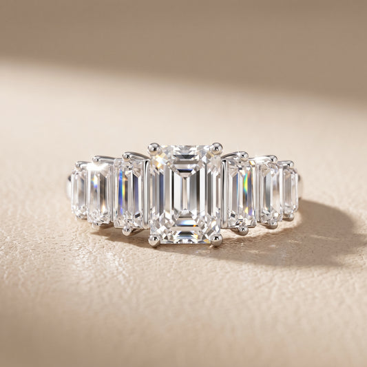 Mara Sidestone Baguette Accent Emerald Diamond Engagement Ring in White Gold - front.jpg