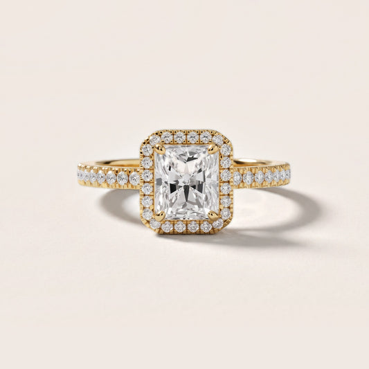 Rosemary Halo Pavé Radiant Diamond Engagement Ring in Yellow Gold