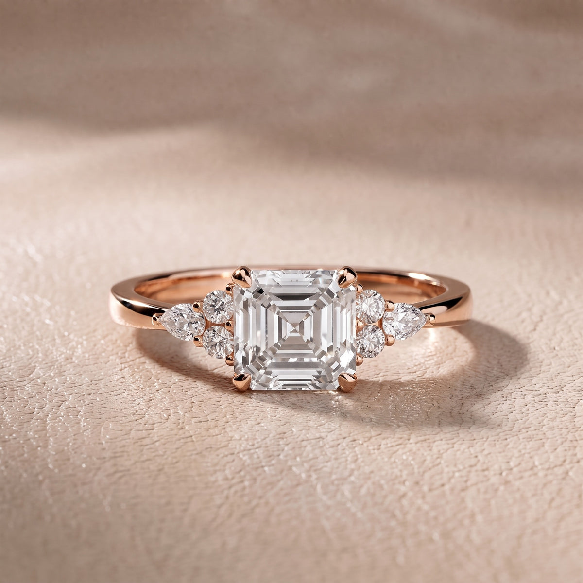 Amelia Three Stone Asscher Diamond Engagement Ring in Rose Gold - front.jpg