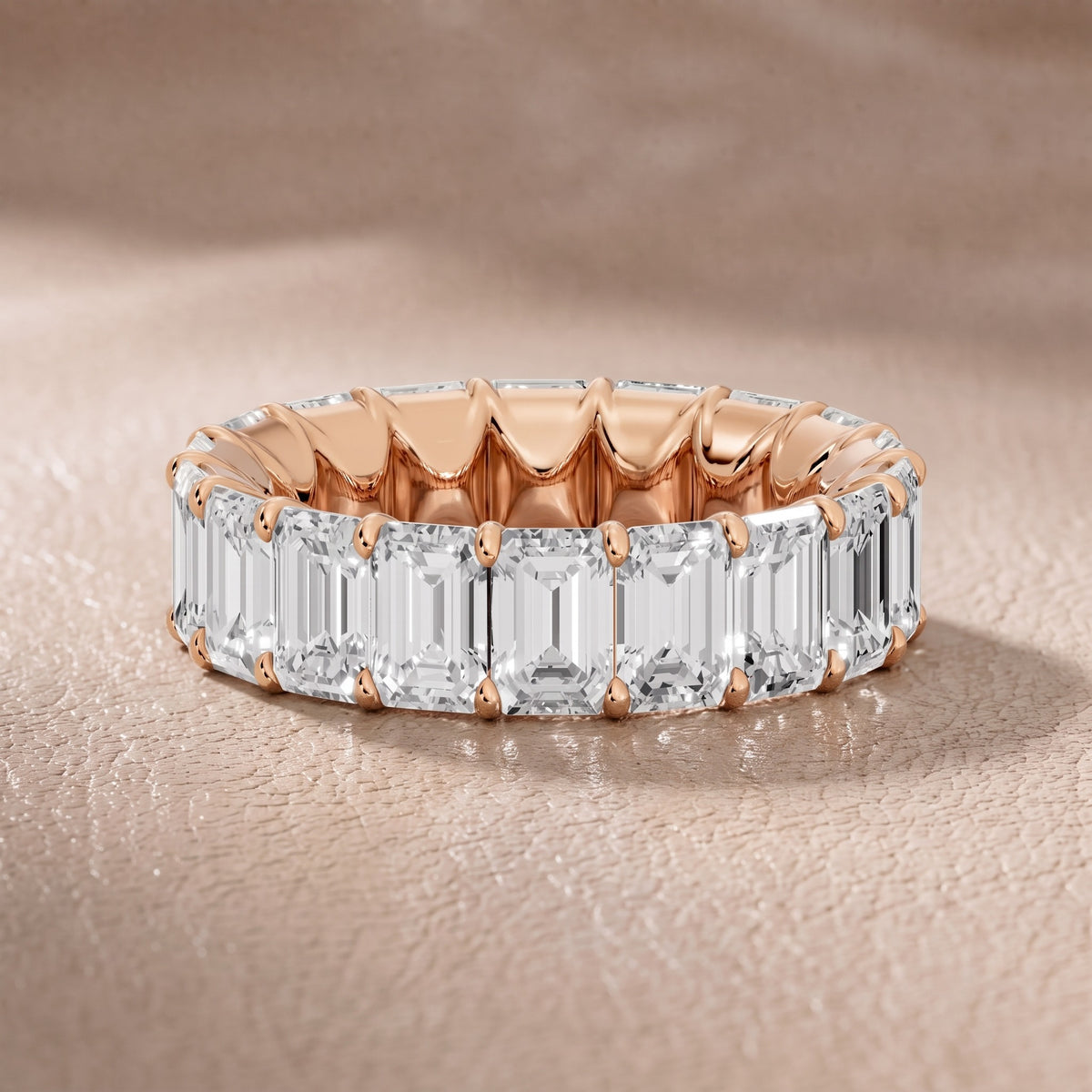 Violet Shared Prong Emerald Diamond Eternity Band in Rose Gold - front.jpg