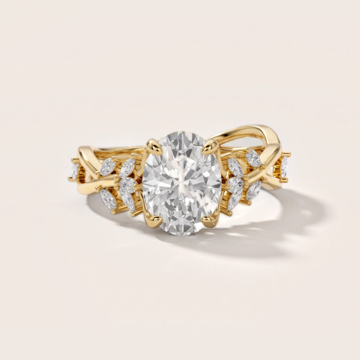 Kona Leaf Twist Oval Diamond Engagement Ring in Yellow Gold - front.jpg