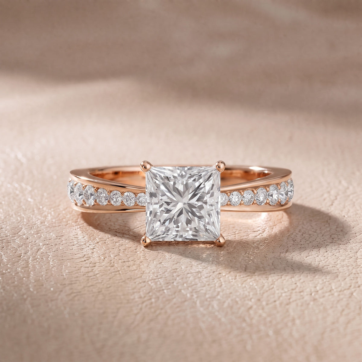 Rhea Sidestone Pavé Princess Diamond Engagement Ring in Rose Gold - front.jpg