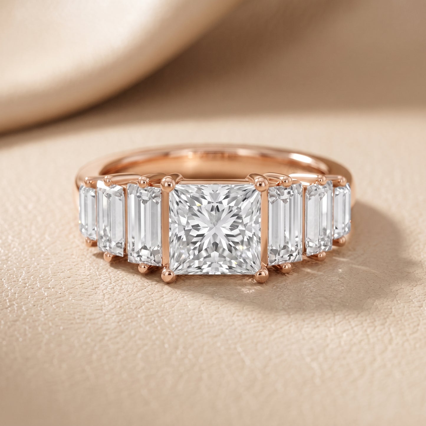 Mara Sidestone Baguette Accent Princess Diamond Engagement Ring in Rose Gold - front.jpg