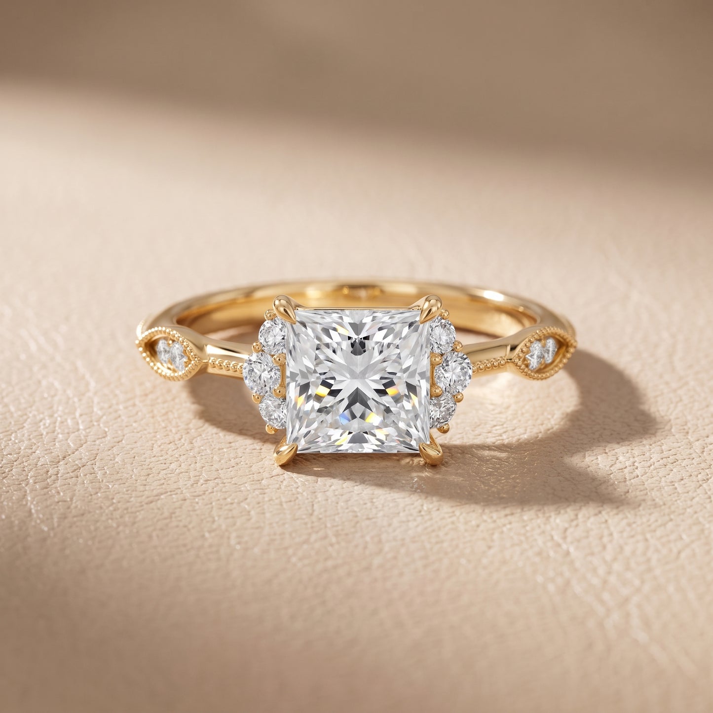 Naomi Vintage Milgrain Princess Diamond Engagement Ring in Yellow Gold - front.jpg