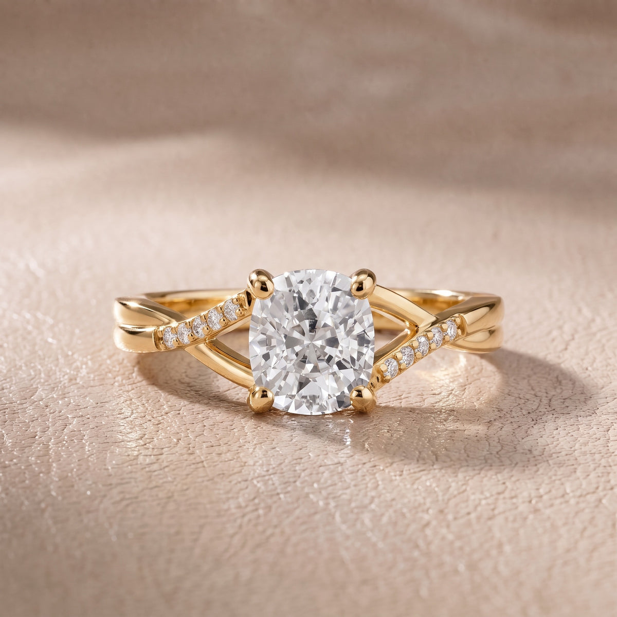 Veronica Twist Side Stone Cushion Diamond Engagement Ring in Yellow Gold - front.jpg