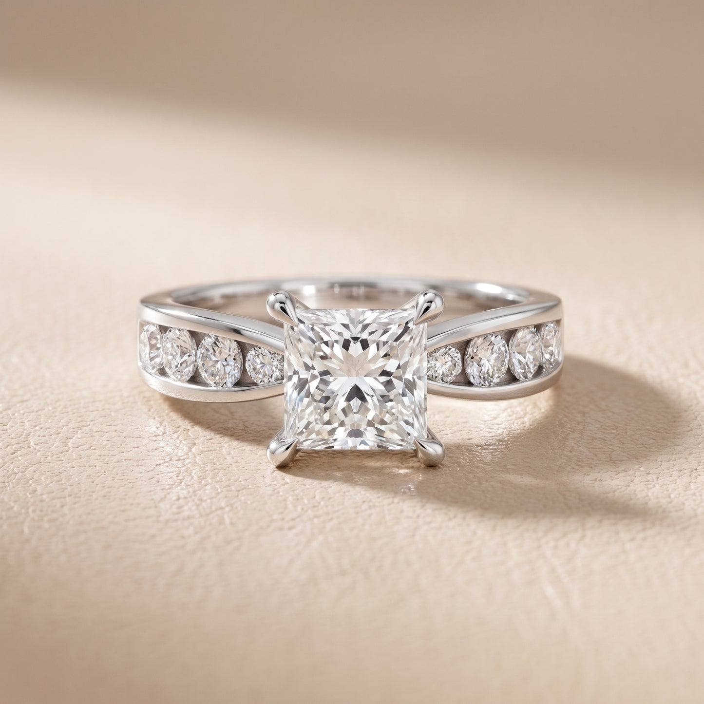 Noor Channel Set Sidestone Princess Diamond Engagement Ring in White Gold - front.jpg