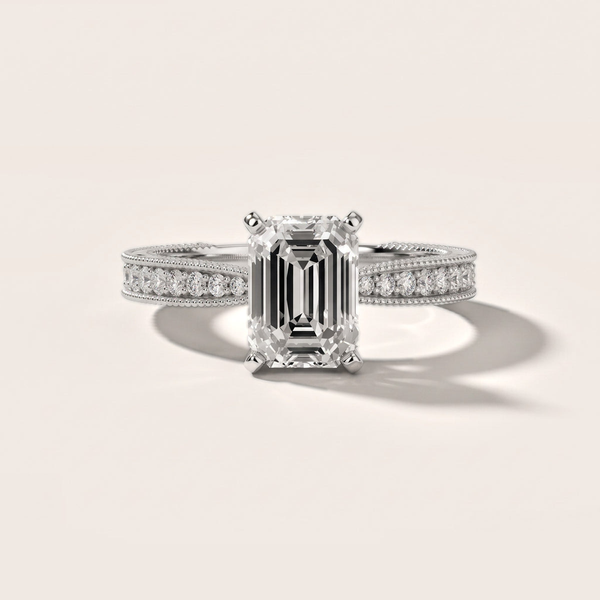 Inga Vintage Engraved Emerald Diamond Engagement Ring in Silver - front.jpg