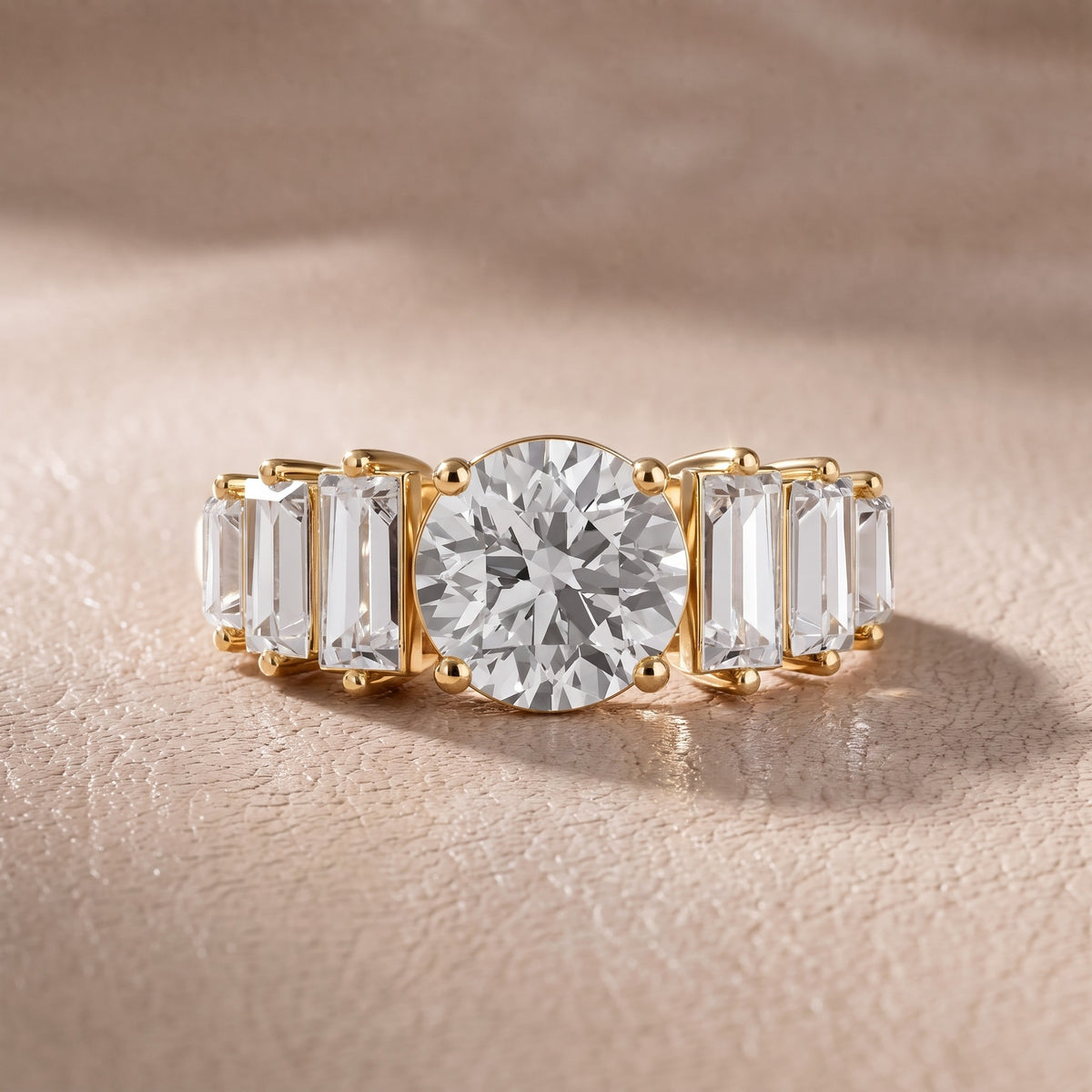 Mara Sidestone Baguette Accent Round Diamond Engagement Ring in Yellow Gold - front.jpg