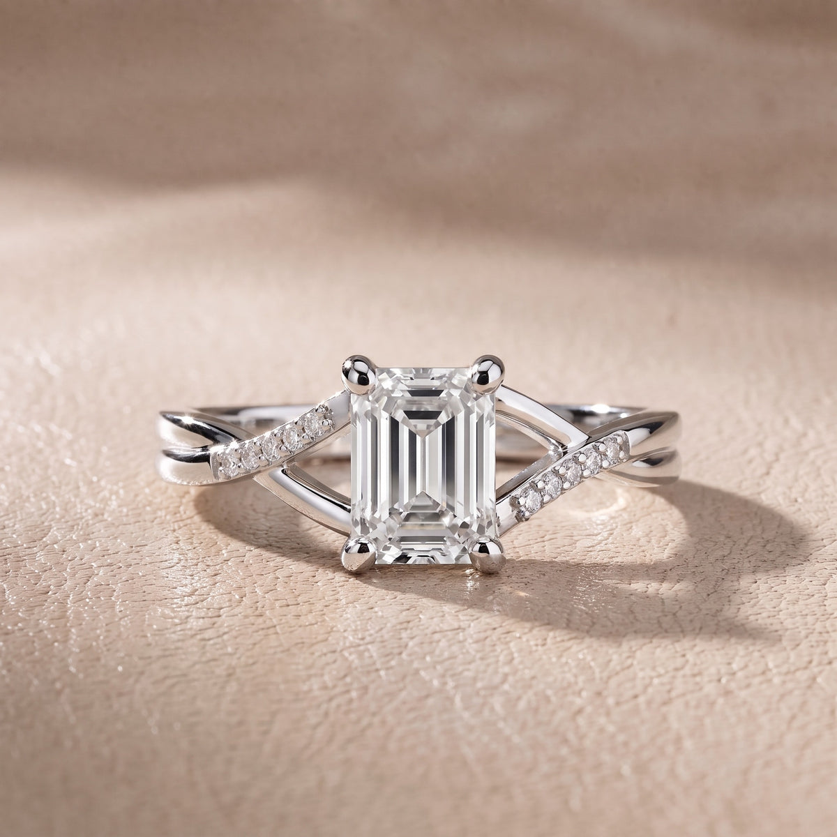 Veronica Twist Side Stone Emerald Diamond Engagement Ring in Silver - front.jpg