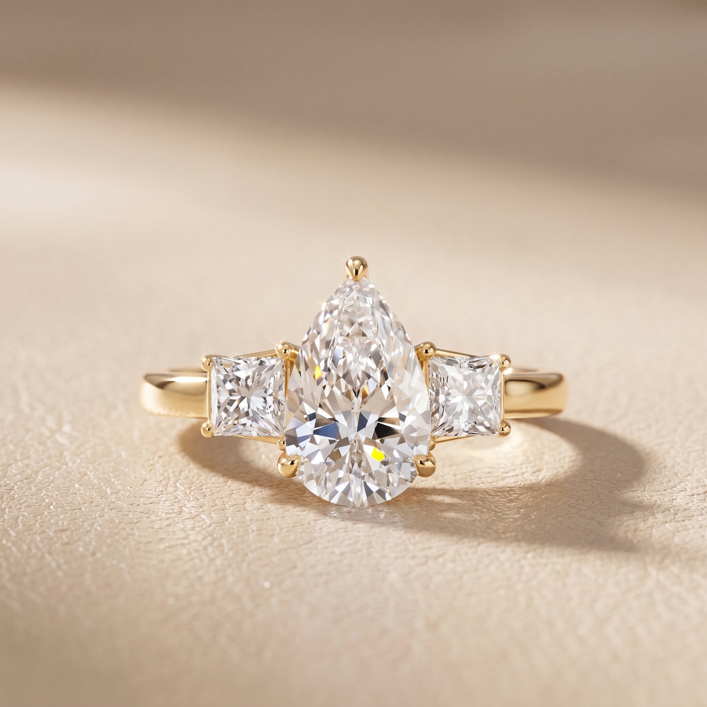 Selena Three-Stone Basket Pear Diamond Ring in Yellow Gold - front.jpg