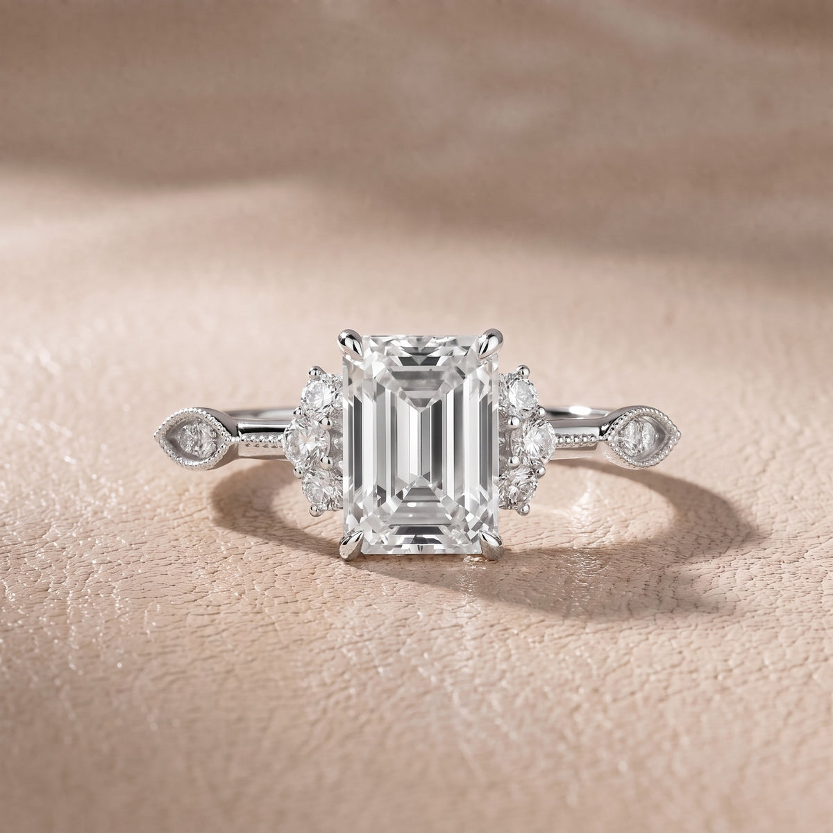 Naomi Vintage Milgrain Emerald Diamond Engagement Ring in Silver - front.jpg