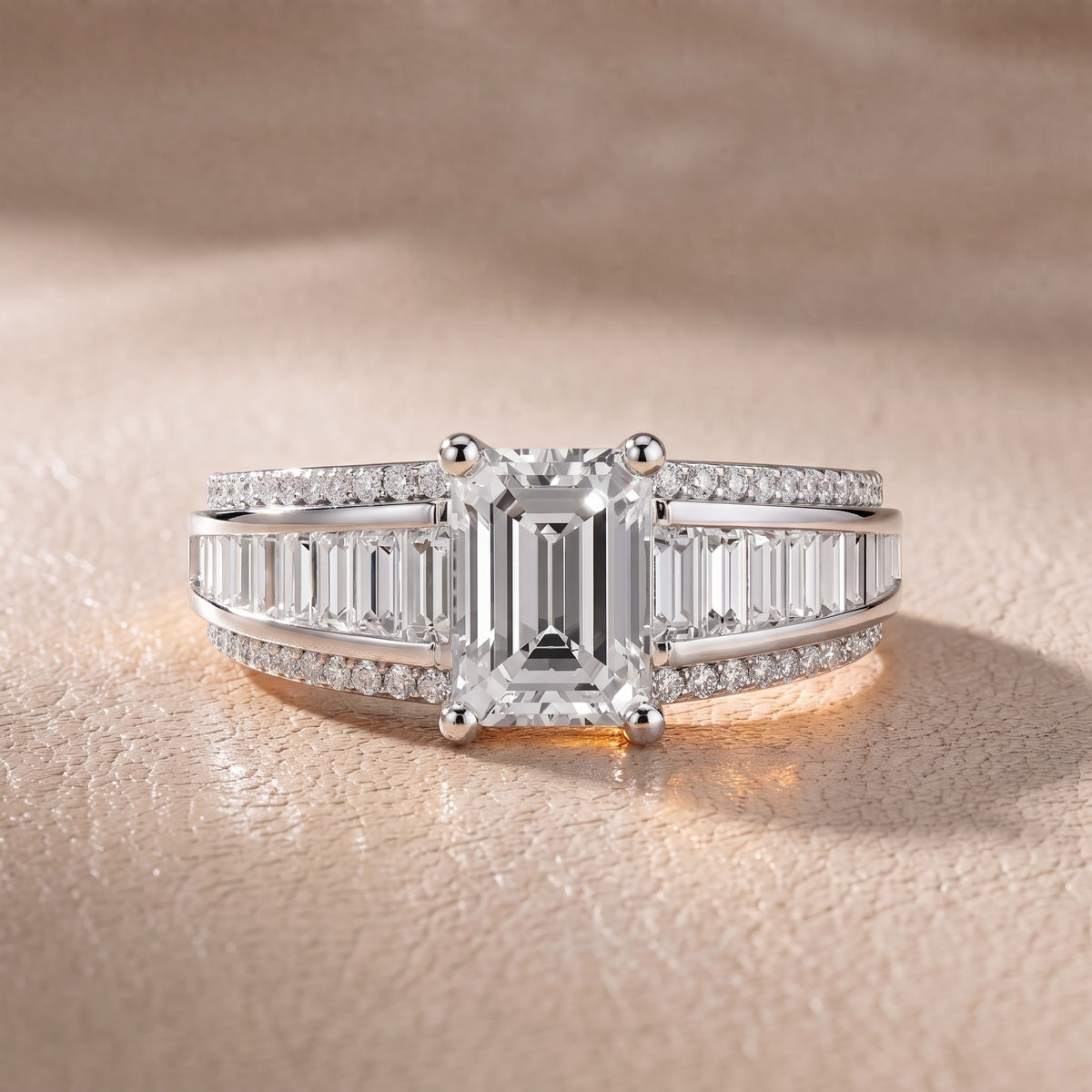 Tara Channel Set Baguette Accent Emerald Diamond Engagement Ring in Silver - front.jpg