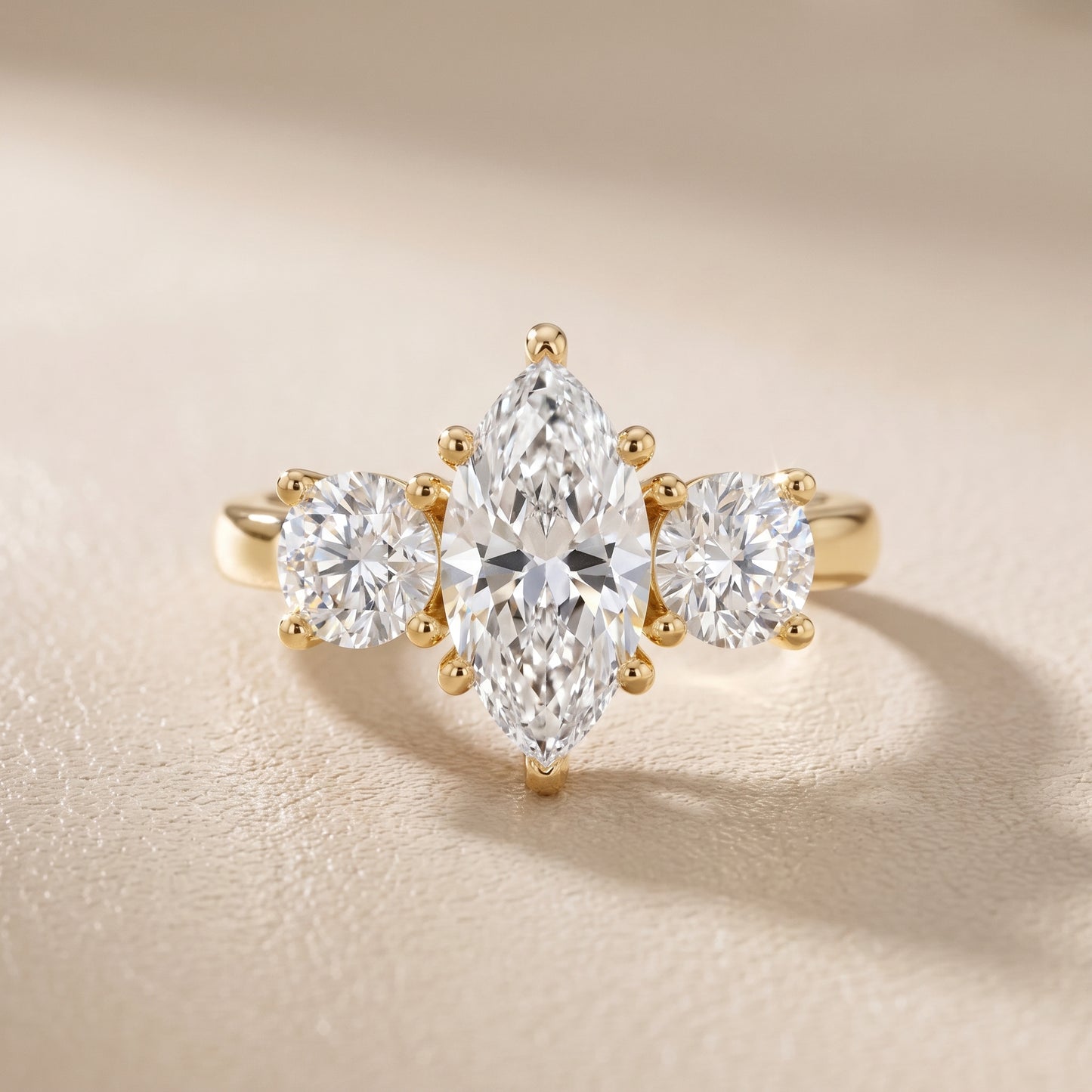 Callie Three-Stone Trellis Marquise Diamond Engagement Ring in Yellow Gold - front.jpg