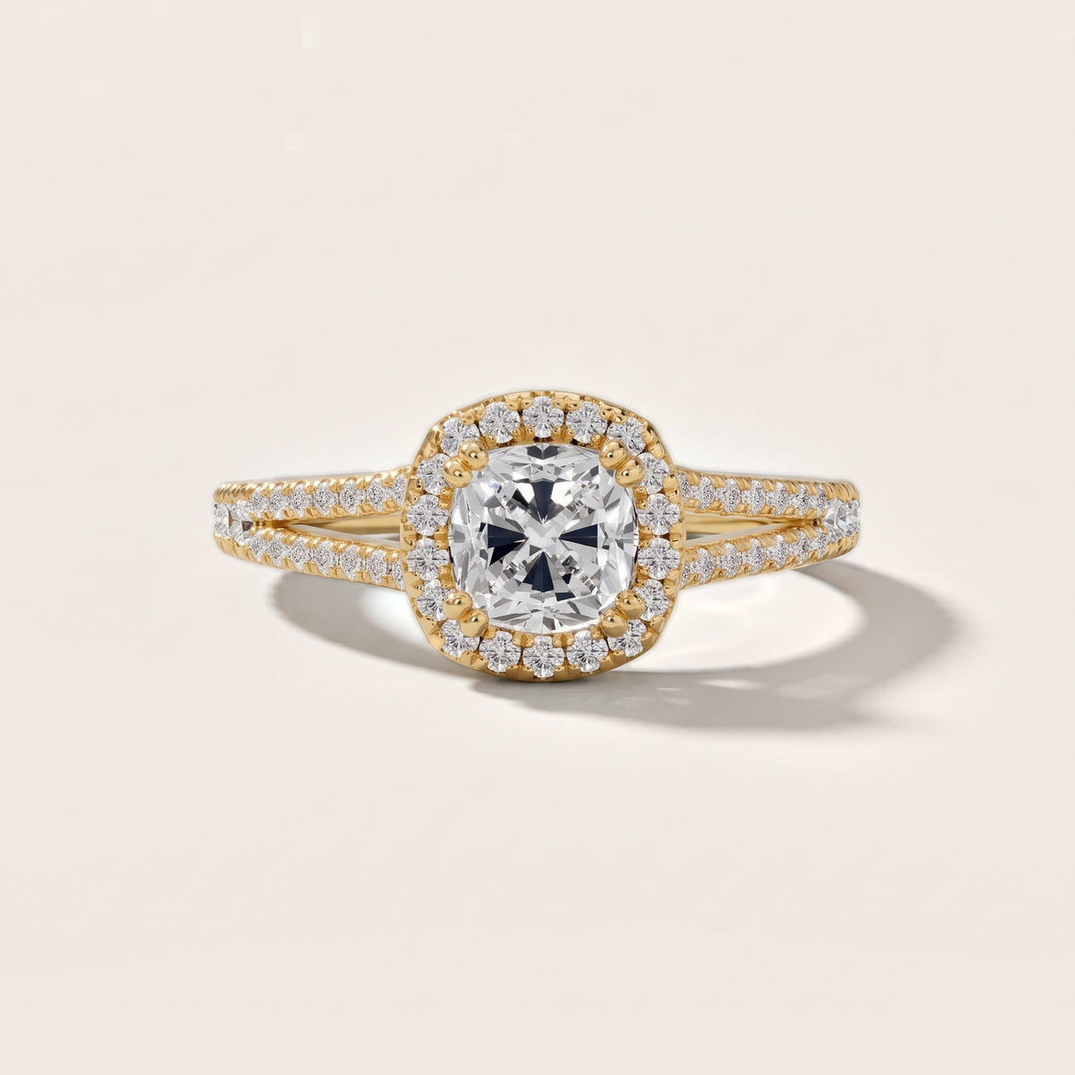 Dallas Halo Split Shank Cushion Diamond Engagement Ring in Yellow Gold - front.jpg