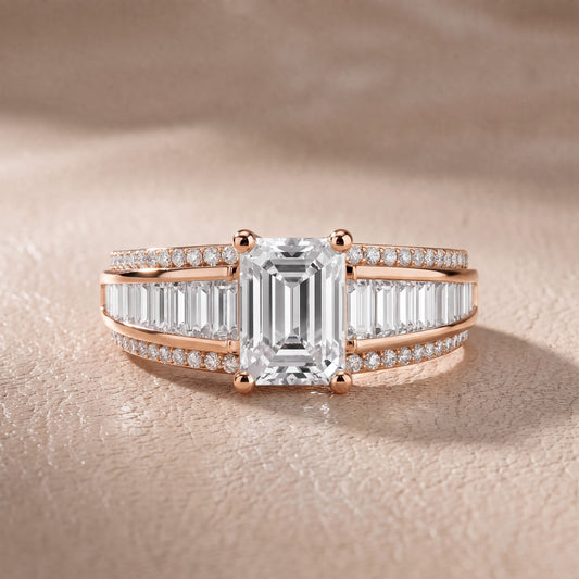 Tara Channel Set Baguette Accent Emerald Diamond Engagement Ring in Rose Gold - front.jpg