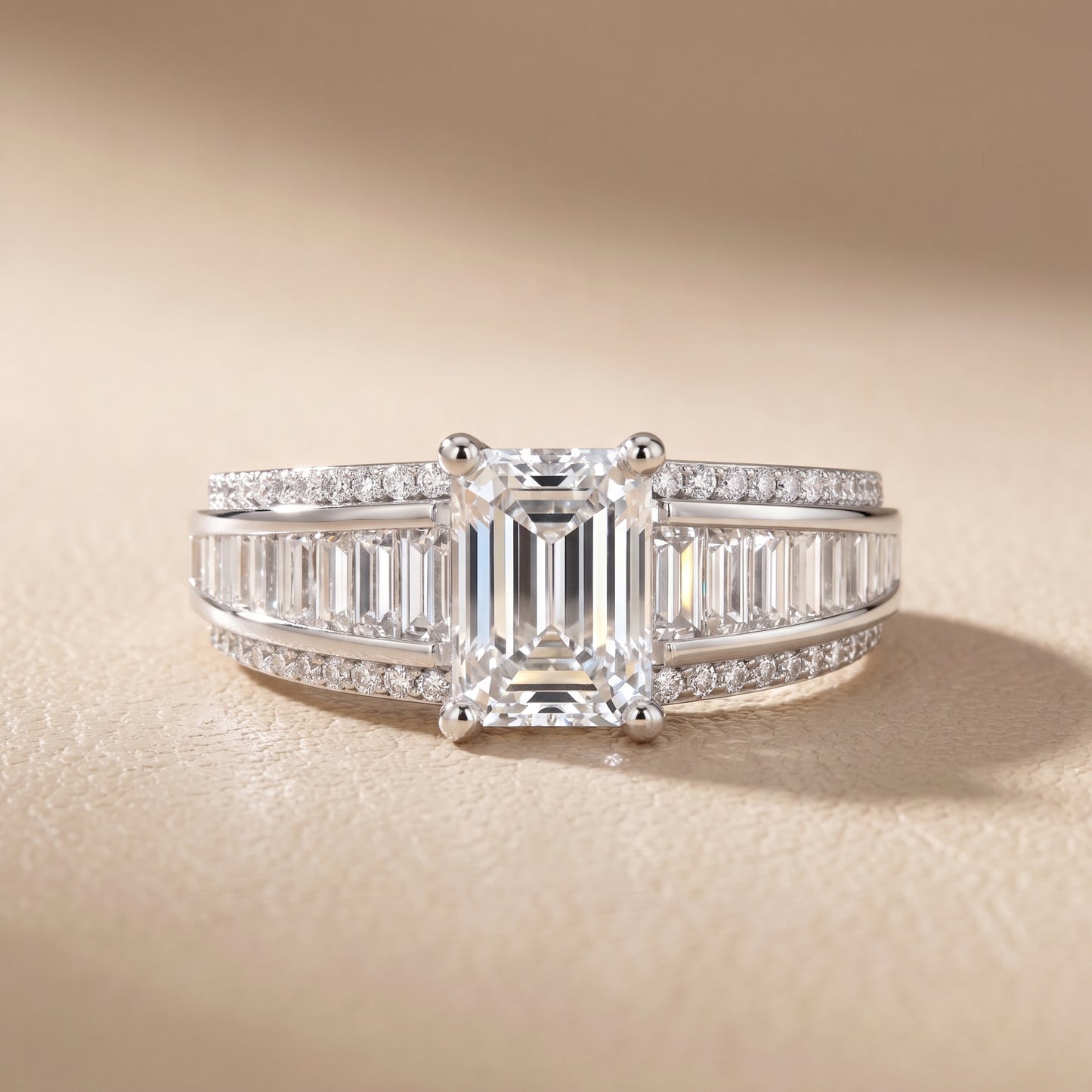 Halle Channel Set Baguette Accent Emerald Diamond Engagement Ring in White Gold - front.jpg