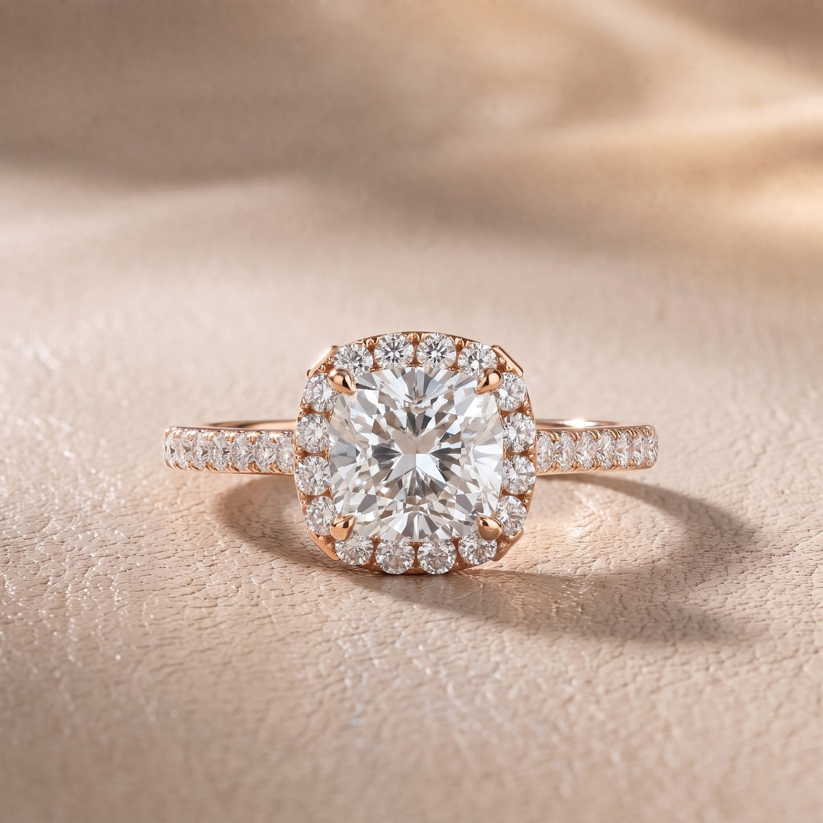 Alma Halo Pavé Cushion Diamond Engagement Ring in Rose Gold - front.jpg