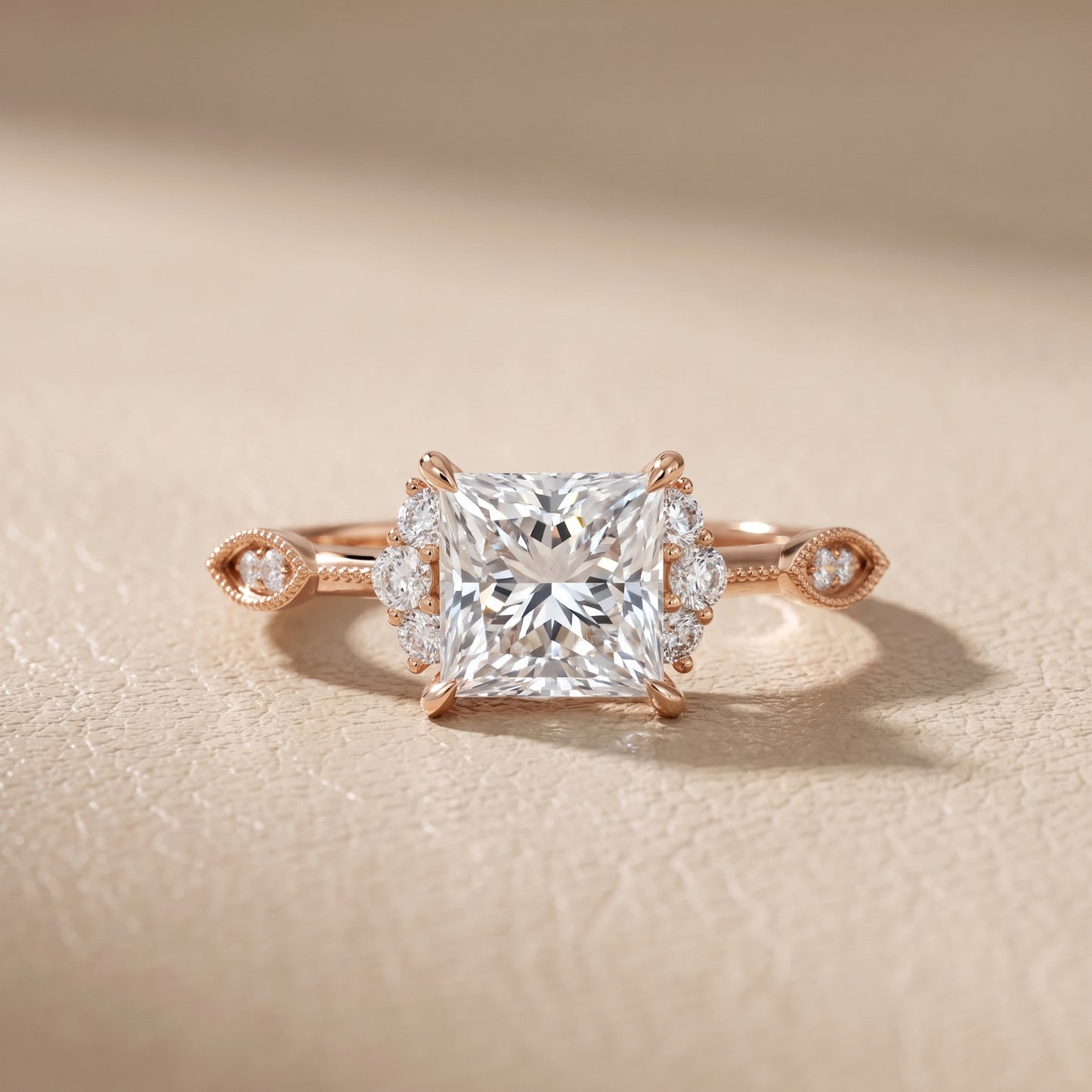 Naomi Vintage Milgrain Princess Diamond Engagement Ring in Rose Gold - front.jpg
