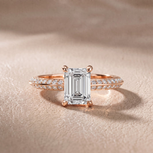 Meredith Knife Edge Pavé Emerald Diamond Engagement Ring in Rose Gold - front.jpg