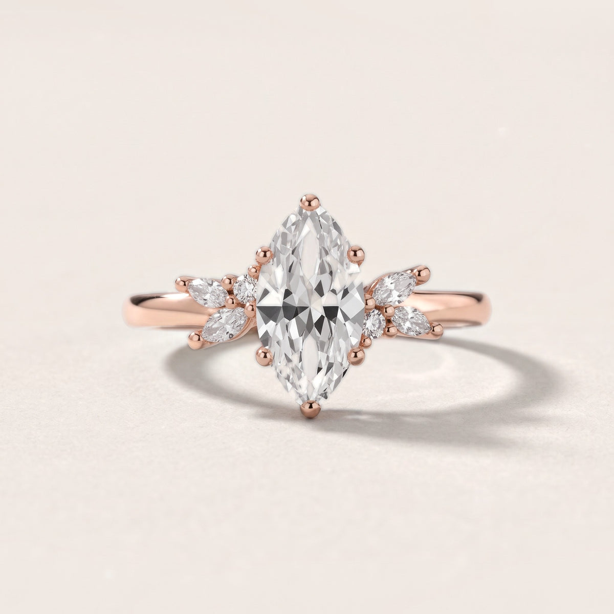 Avon Leaf Cluster Marquise Diamond Engagement Ring in Rose Gold - front.jpg