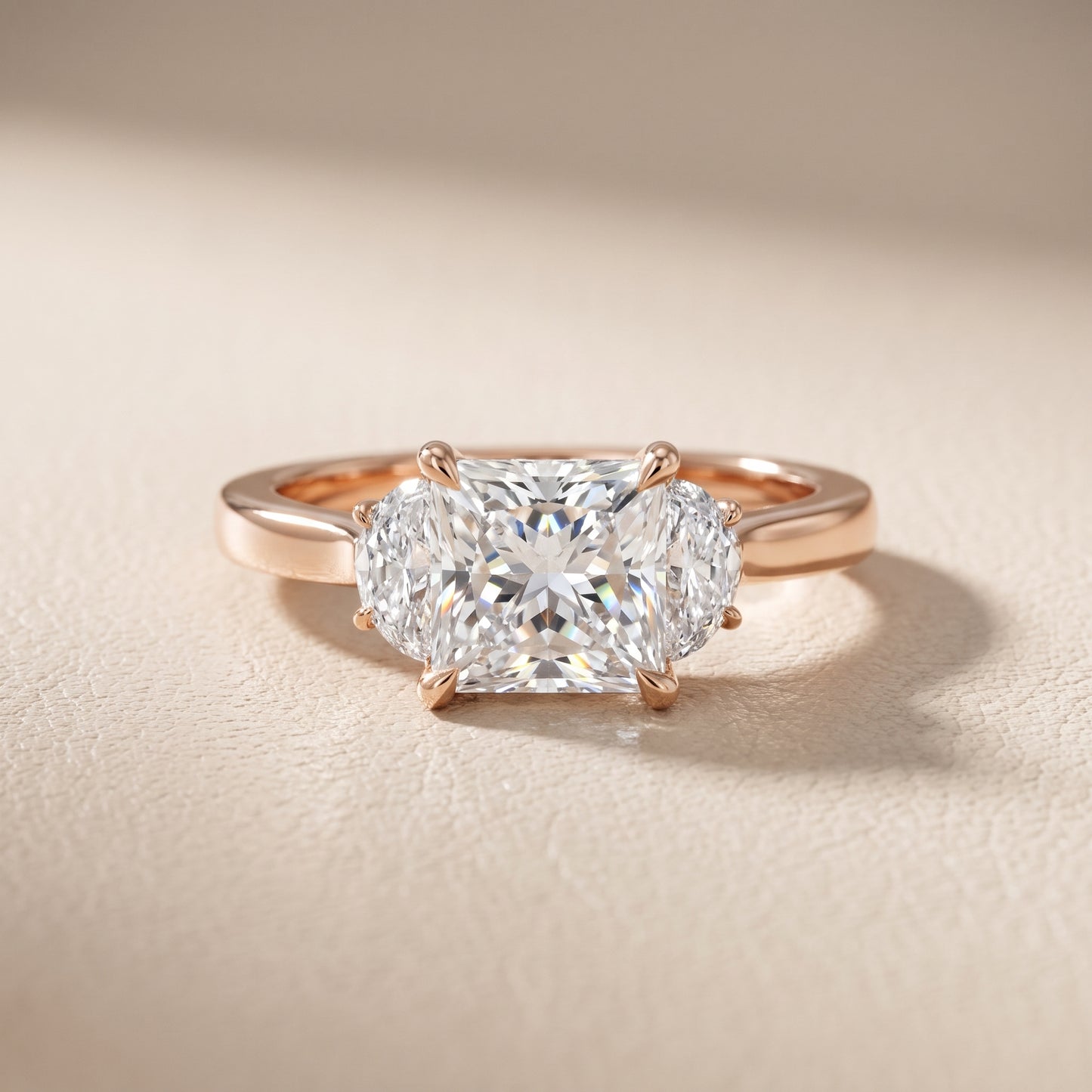 Romy Three-Stone Princess Diamond Engagement Ring in Rose Gold - front.jpg