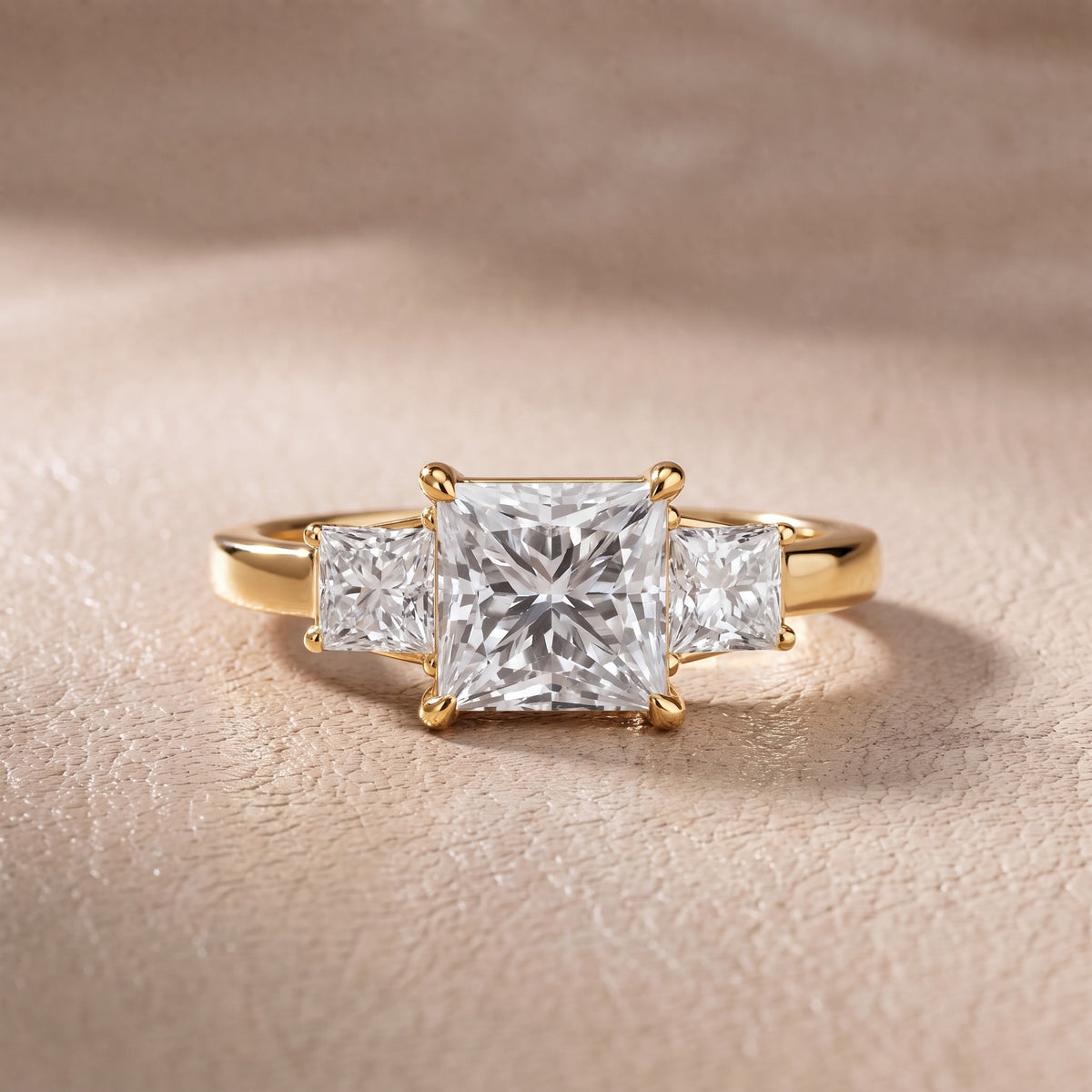 Aria Three-Stone Basket Princess Diamond Engagement Ring in Yellow Gold - front.jpg