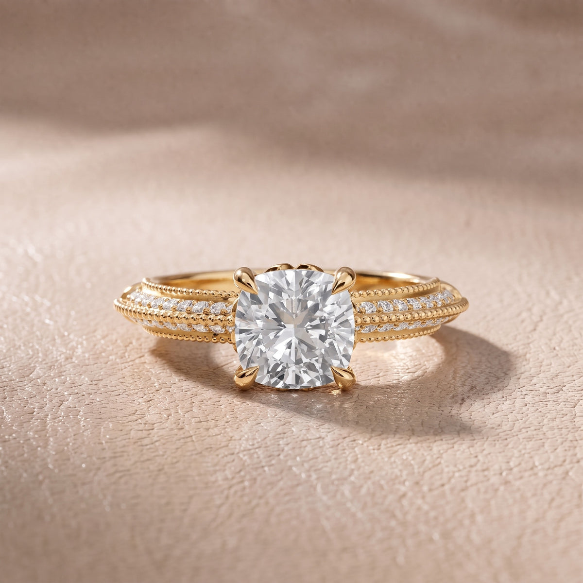 Chiara Vintage Milgrain Cushion Diamond Engagement Ring in Yellow Gold - front.jpg
