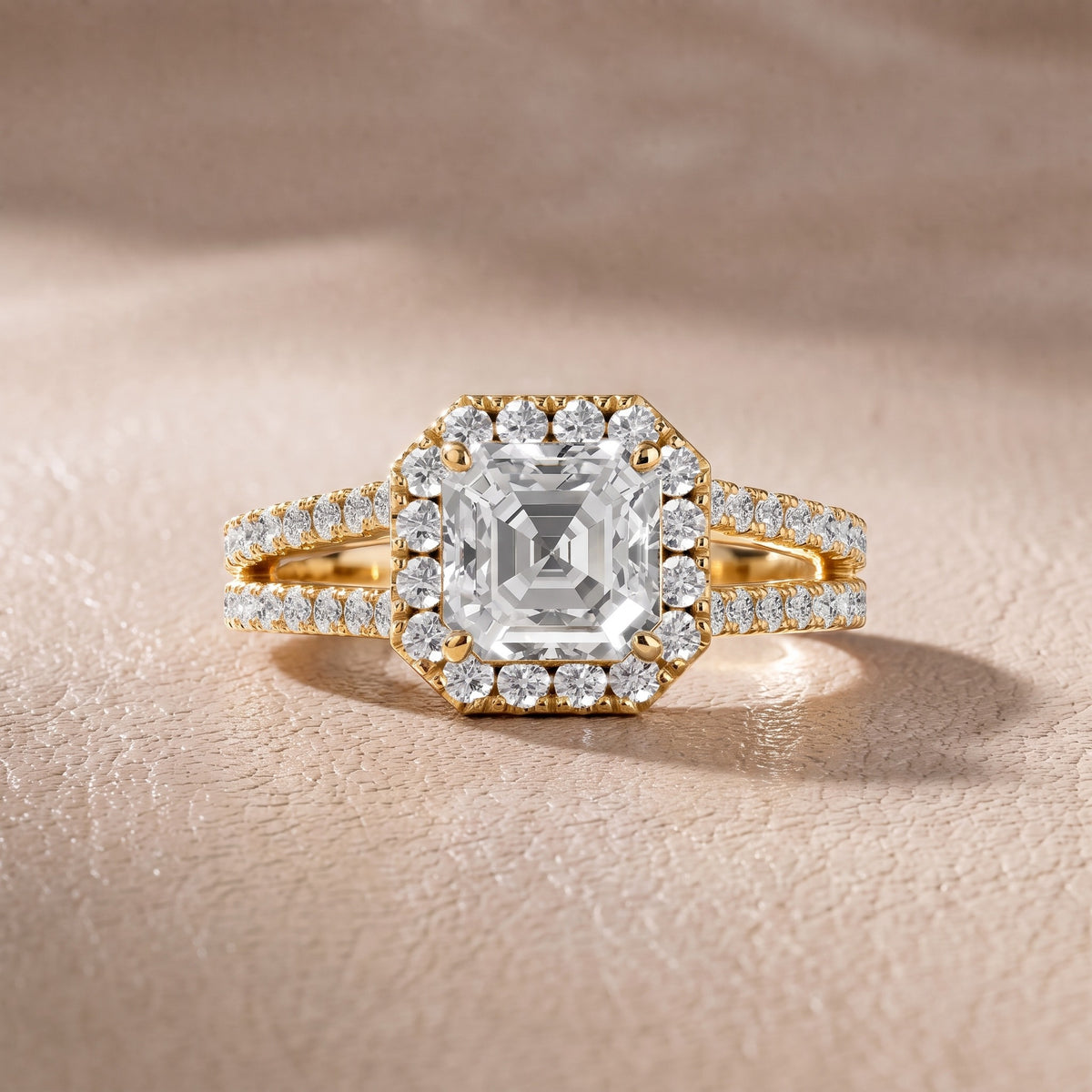 Kira Halo Split Shank Asscher Diamond Engagement Ring in Yellow Gold - front.jpg