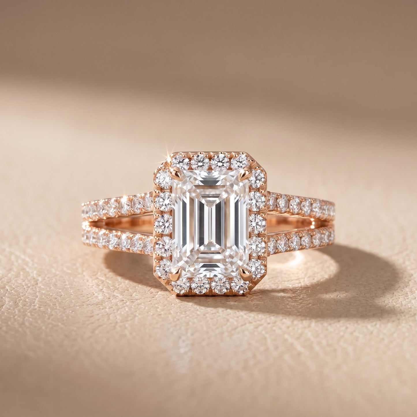 Kira Halo Split Shank Emerald Diamond Engagement Ring in Rose Gold - front.jpg