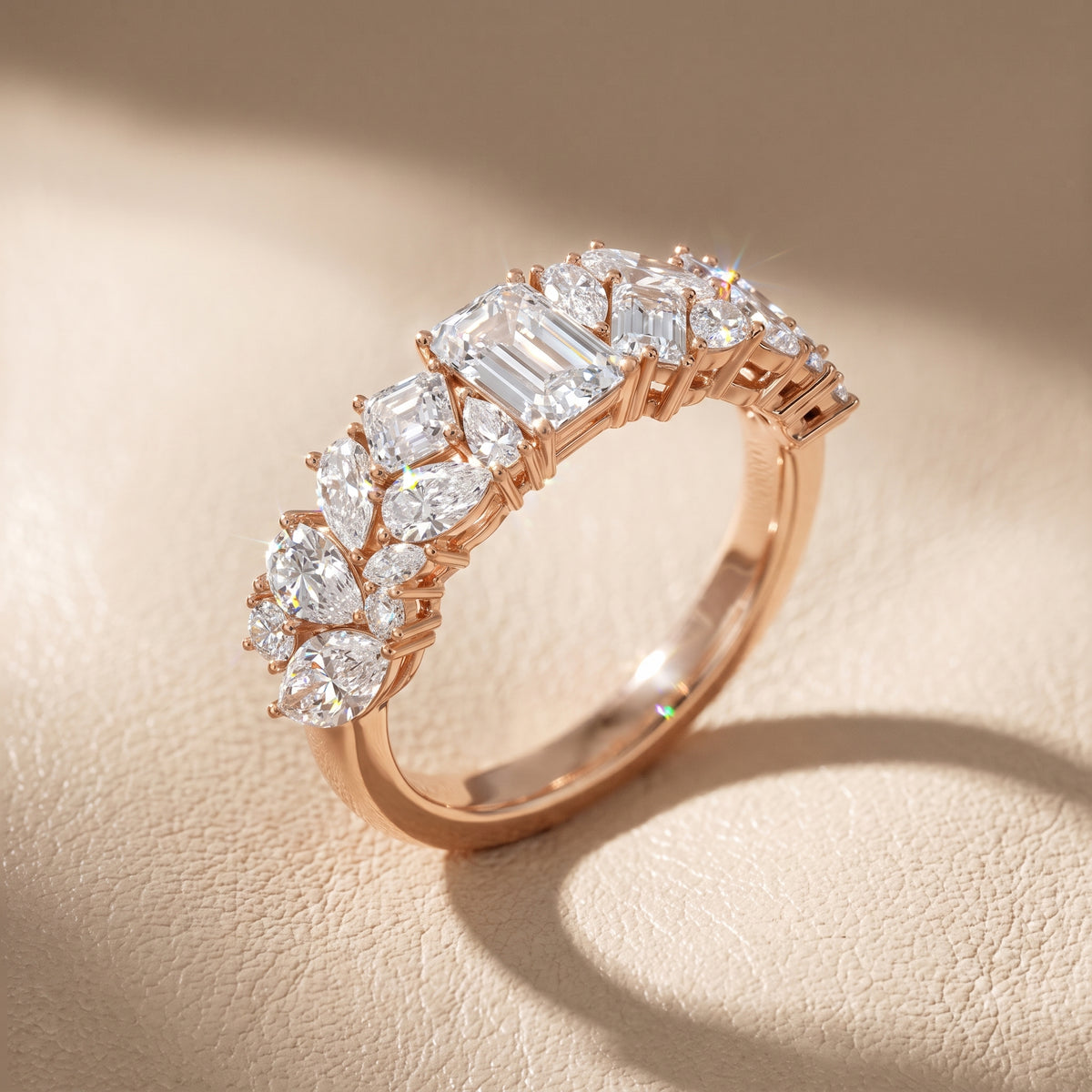 Louisa Cluster Emerald & Pear Diamond Anniversary Ring in Rose Gold - front.jpg
