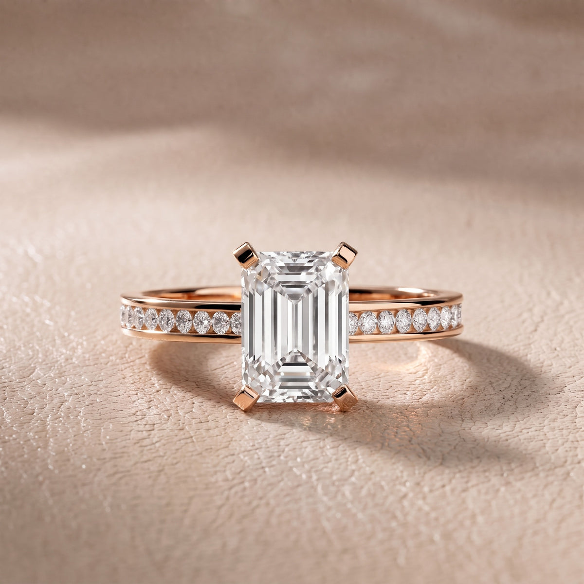 Tessa Solitaire Channel Set Emerald Diamond Engagement Ring in Rose Gold - front.jpg