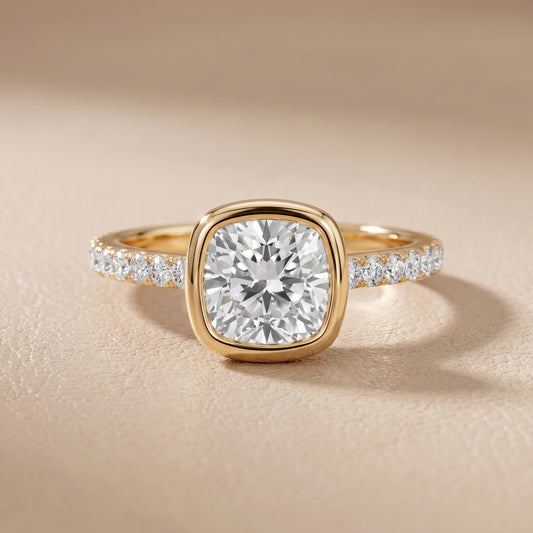 Cora Bezel Pavé Cushion Diamond Ring in Yellow Gold - front.jpg