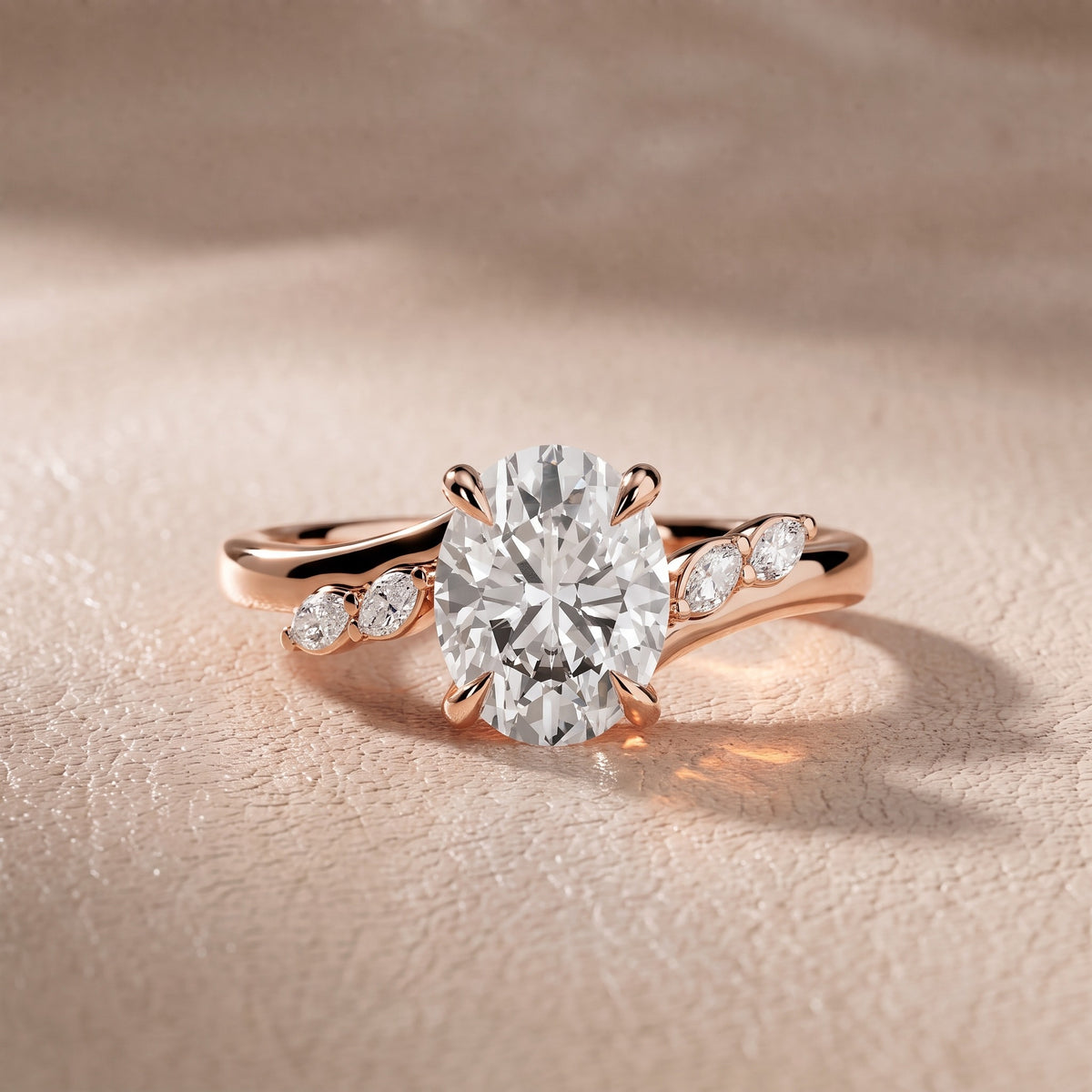 Flora Twist Side Stone Oval Diamond Engagement Ring in Rose Gold - front.jpg